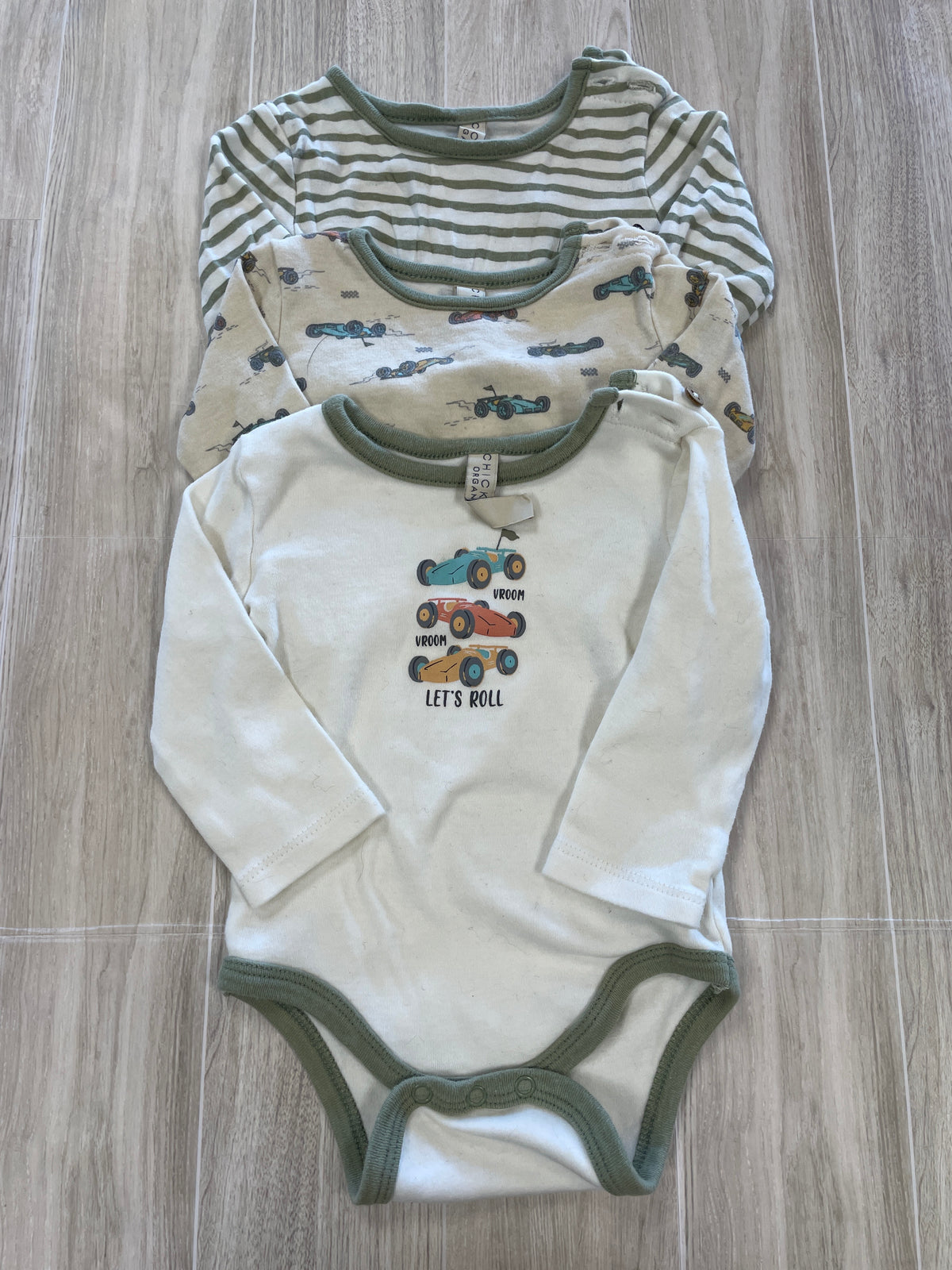 3-6m Chickpea Organic Stripes + Racecars Long Sleeve Onesie 3 Pack