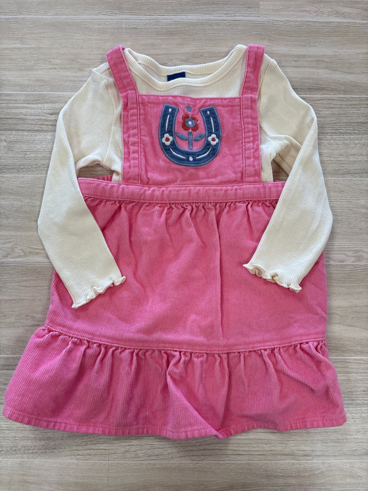 6-12m Pink Corded Horseshoe Overall Dress + Cream Long Sleeve