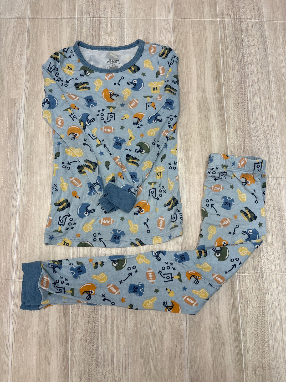3T Milkberry Light Blue Football Graphic 2 Piece Pajama Set - Blemished