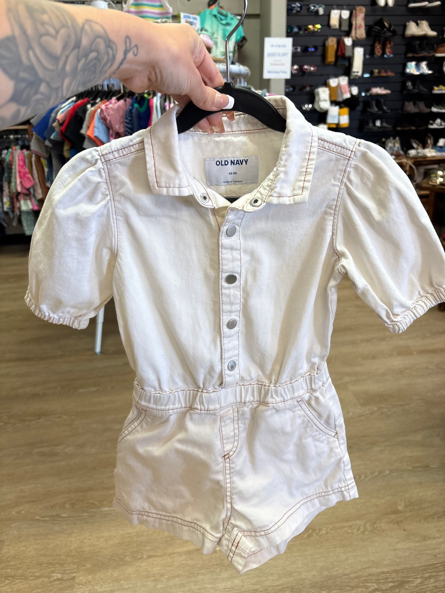 5T Cream Denim Button Romper