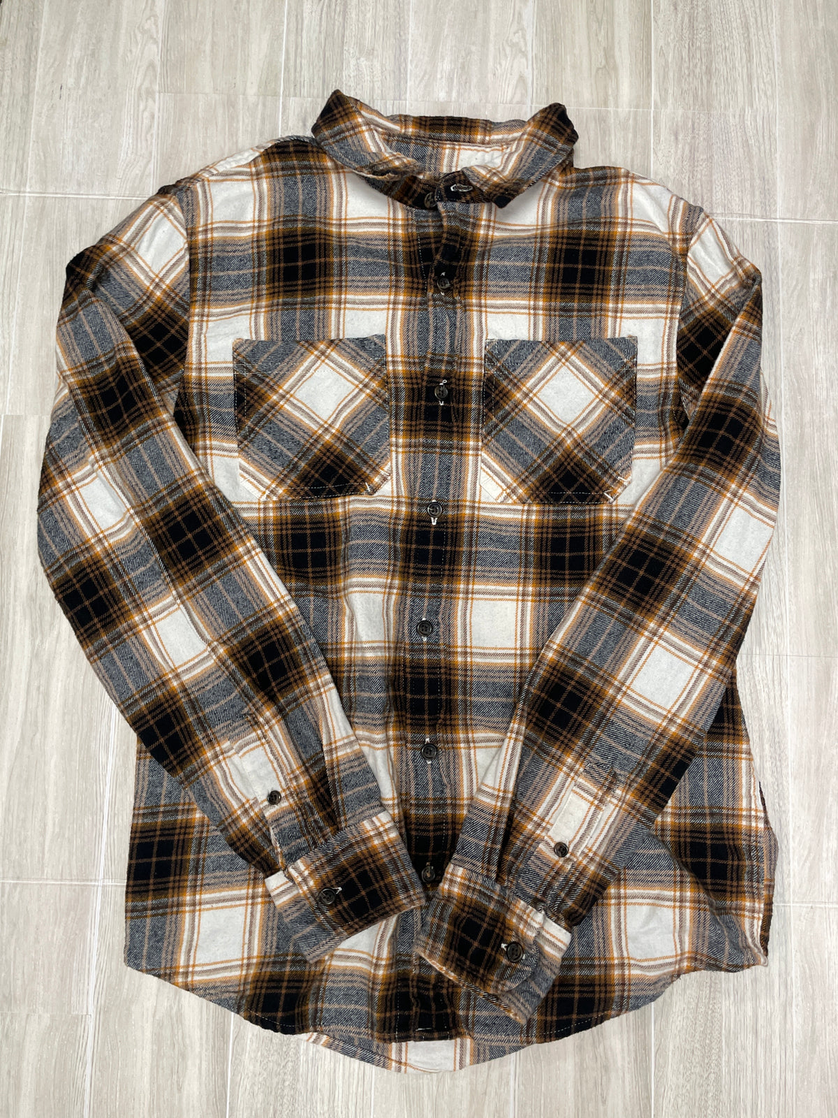 12/14 Cream/Black/Mustard Plaid Button Up Flannel