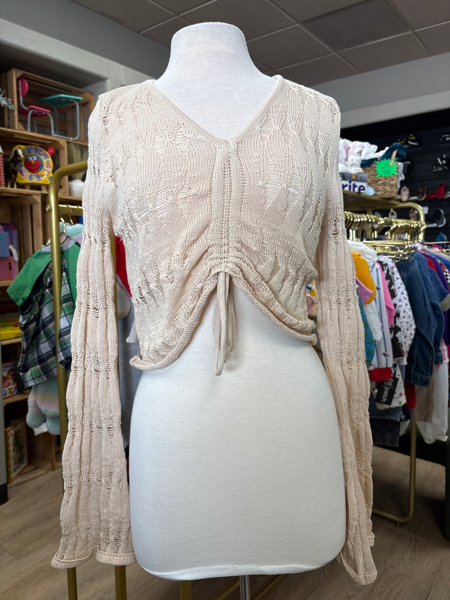 Womens Large Cream Knit Crochet Long Sleeve