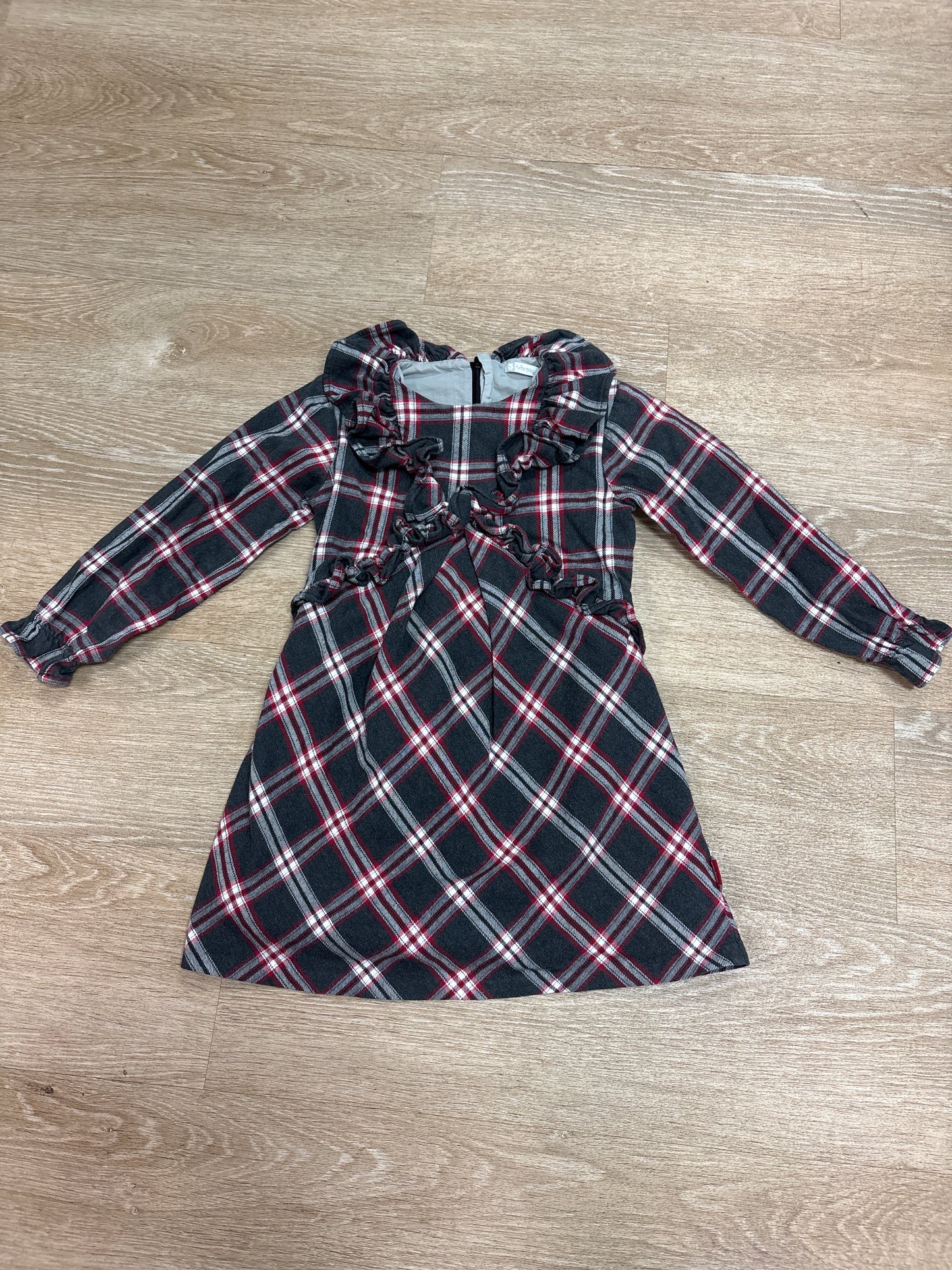 6 Grey/Red Plaid Ruffle Long Sleeve Dress