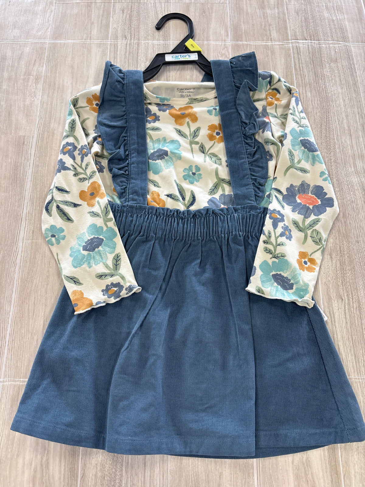 NWT 3T Cream Floral Long Sleeve + Blue Ribbed Ruffle Overall Dress