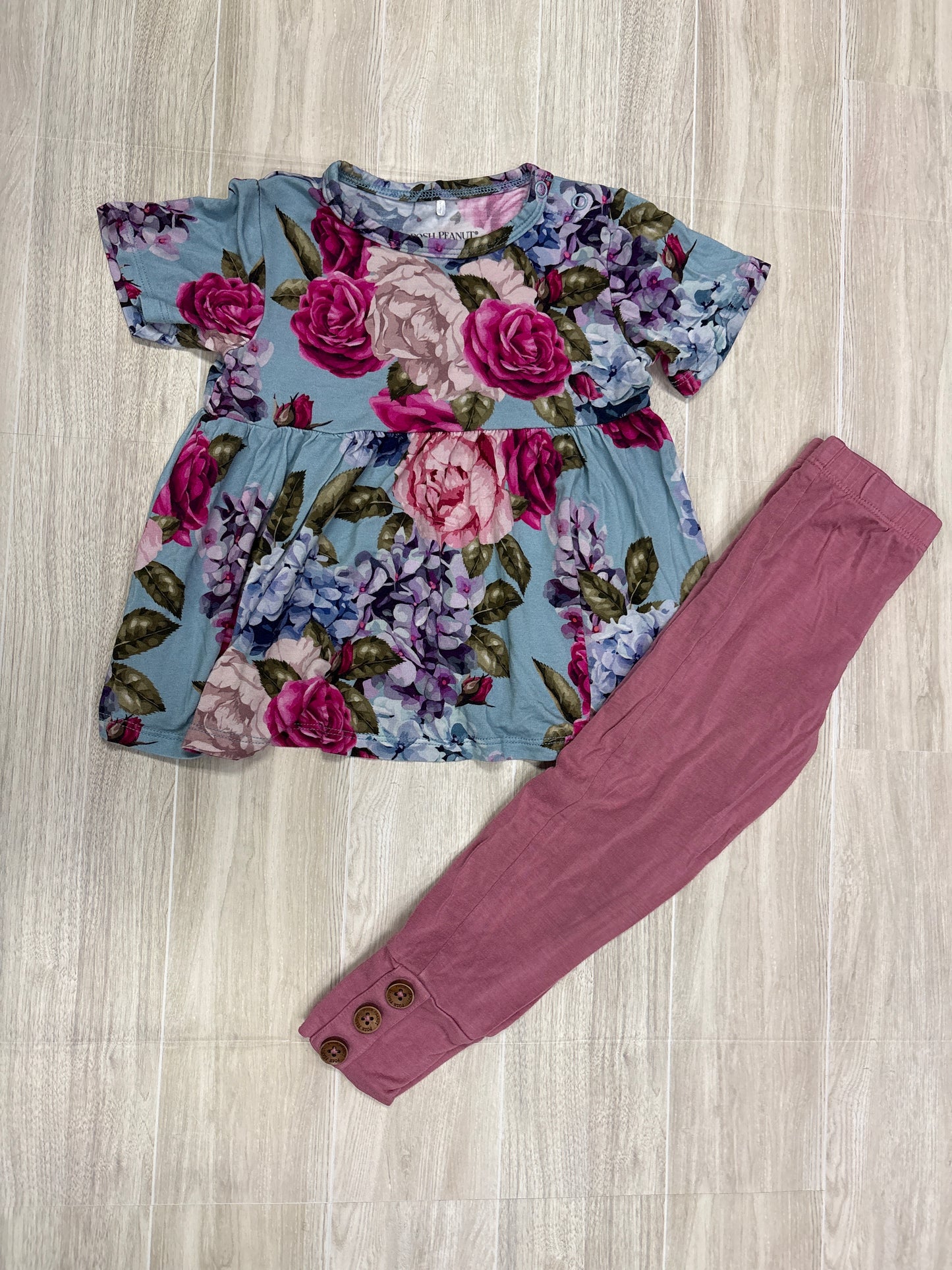 2T Posh Peanut Blue Flower Bunch Tunic + Pink Button Legging 2 Piece Lounge Set