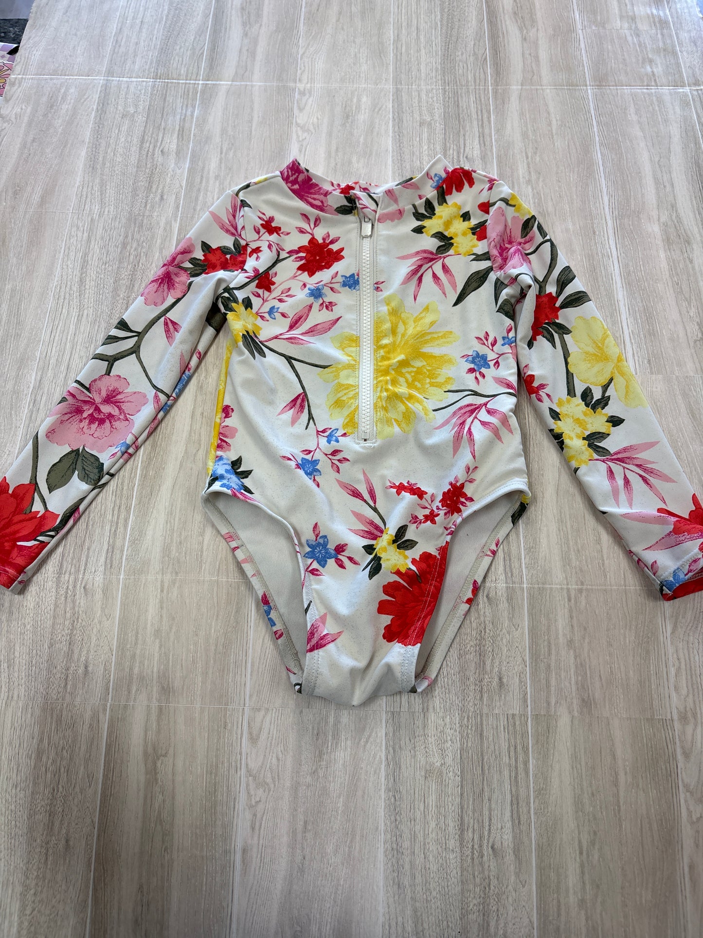 4T Cream/Floral Long Sleeve Swim Suit