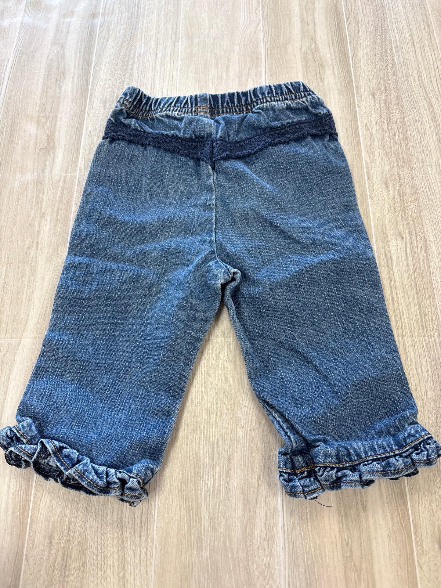 12m Denim Pull On Pants with Flower and Ruffle Detail