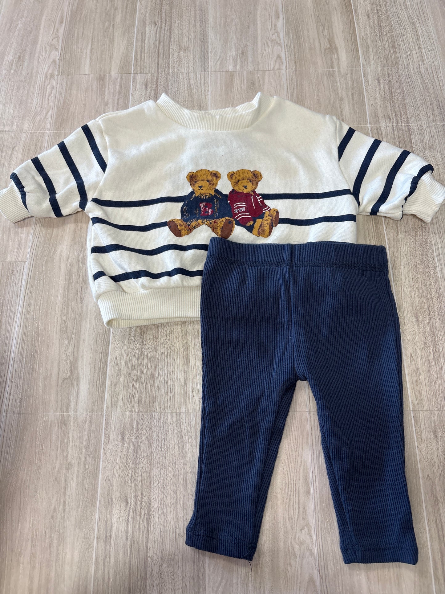 0-3m White Bear Crewneck + Ribbed Leggings Set