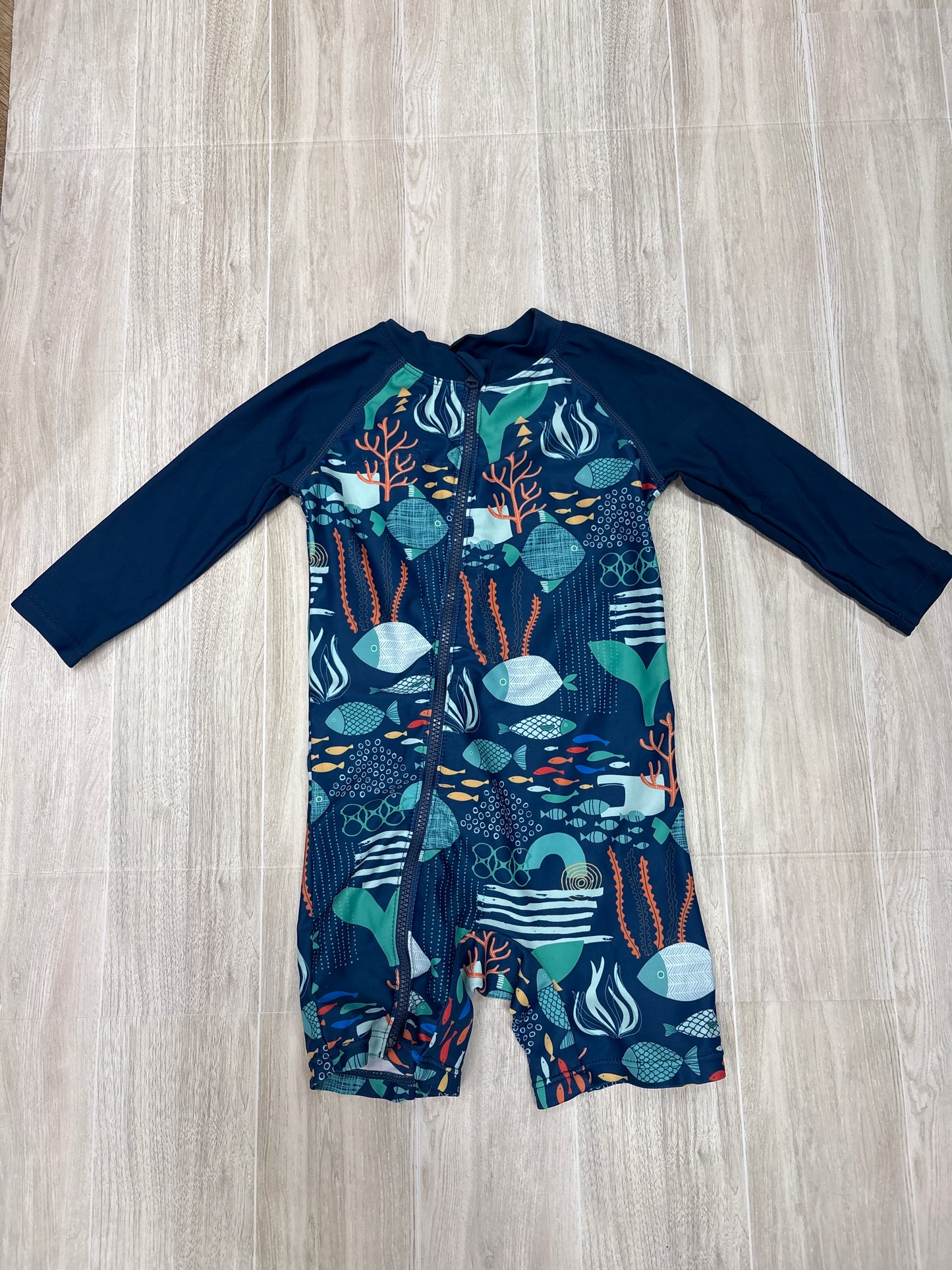9-12m Blue Underwater Long Sleeve Swim Romper