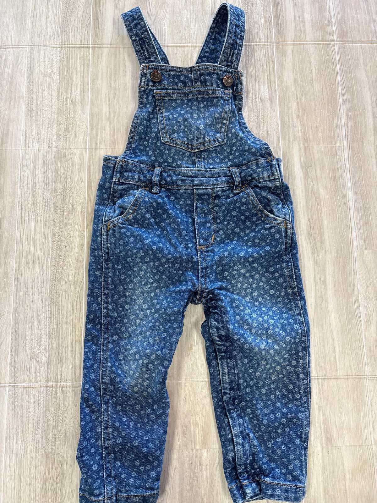 2T Medium Wash Mini Floral Denim Overalls