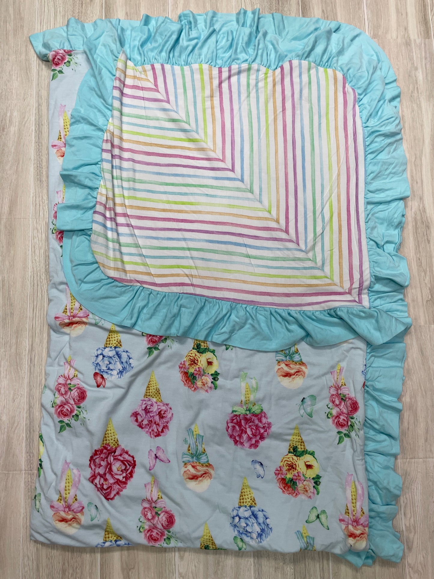 Posh Peanut Reversible Ruffle Patoo Blanket - Blue Floral Ice Cream Cones/Stripes