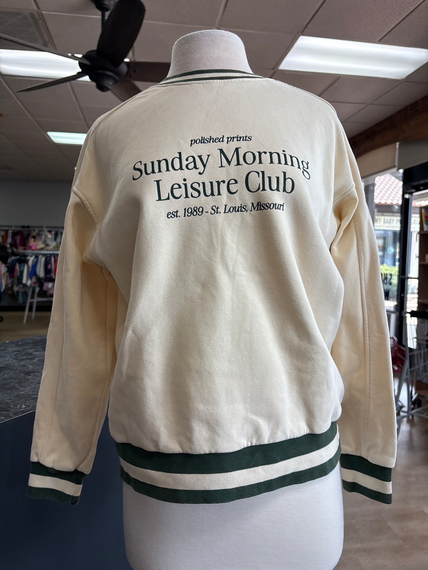 Womens Small Cream/Green Leisure Club Crewneck