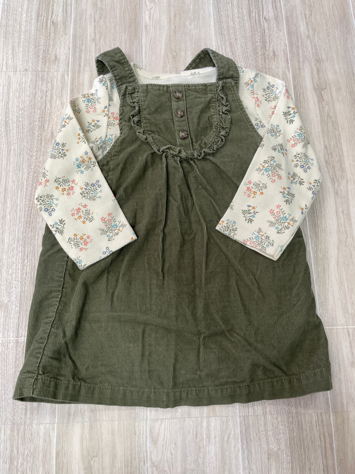 12m Olive Corduroy Tank Overalls + Cream Floral Long Sleeve Set