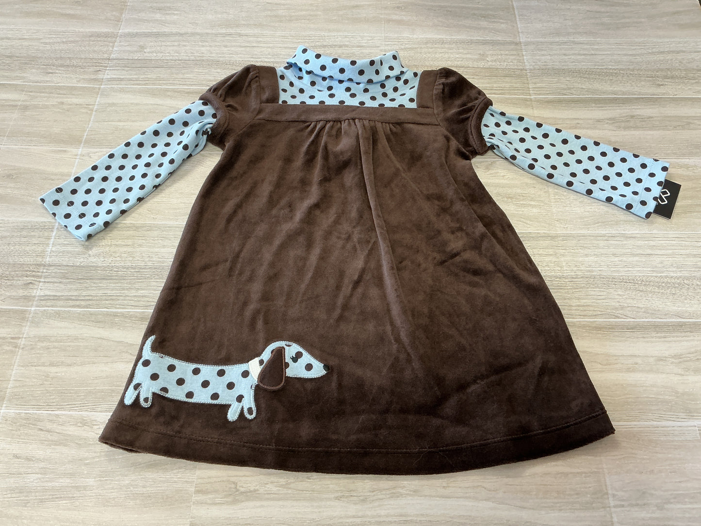 12-18m Y2K Brown/Blue Polka Dotted Dog Dress
