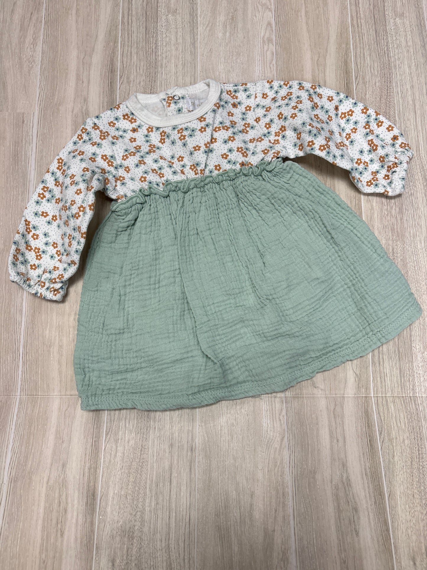 3-6m Green/White Floral Gauze Long Sleeve Dress
