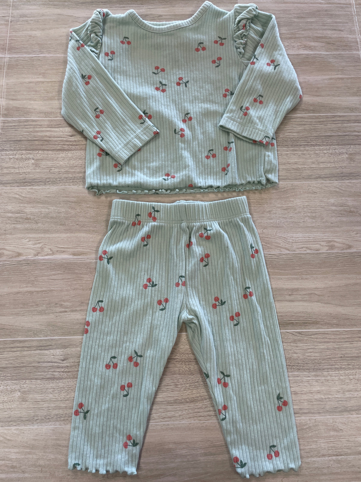 6-9m Mint Ribbed Cherry 2 Piece Lounge Set