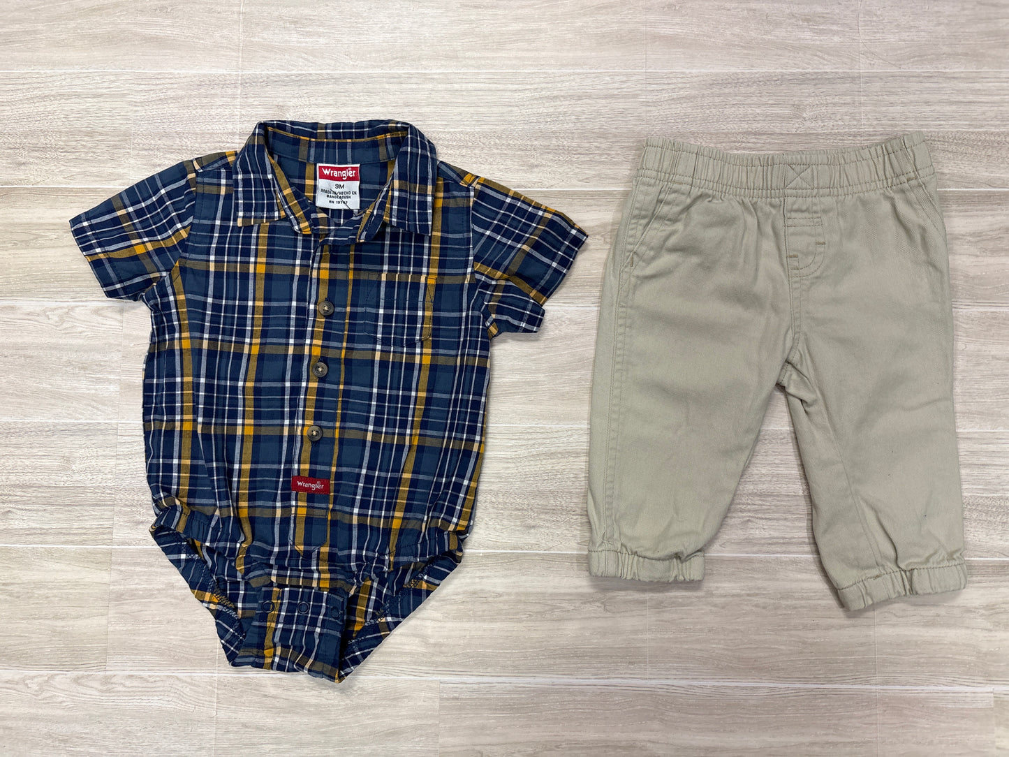 9m Wrangler Blue Plaid Button Up + Tan Pant Set
