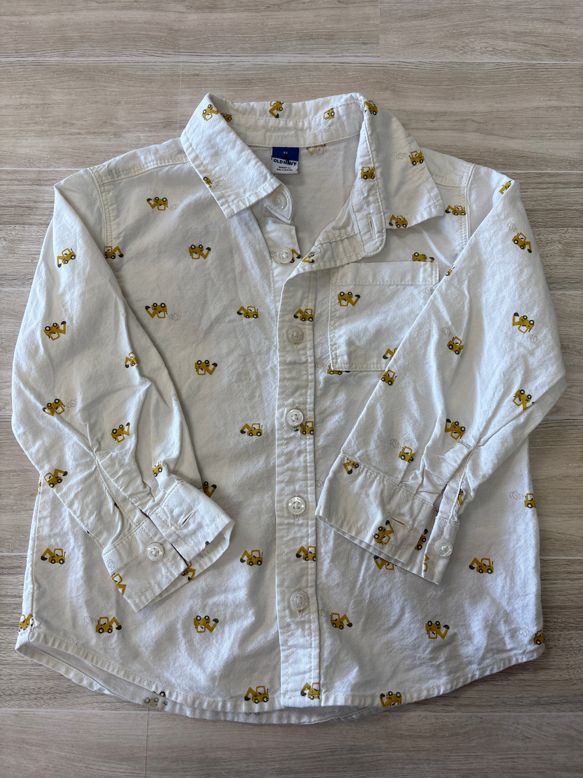 3T White Tractor Graphic Button Up Long Sleeve