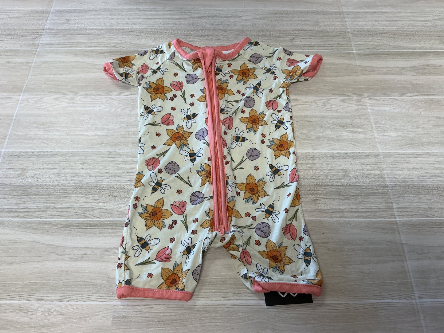 3-6m Little One Shop Cream Flowers & Bees Shortie Romper