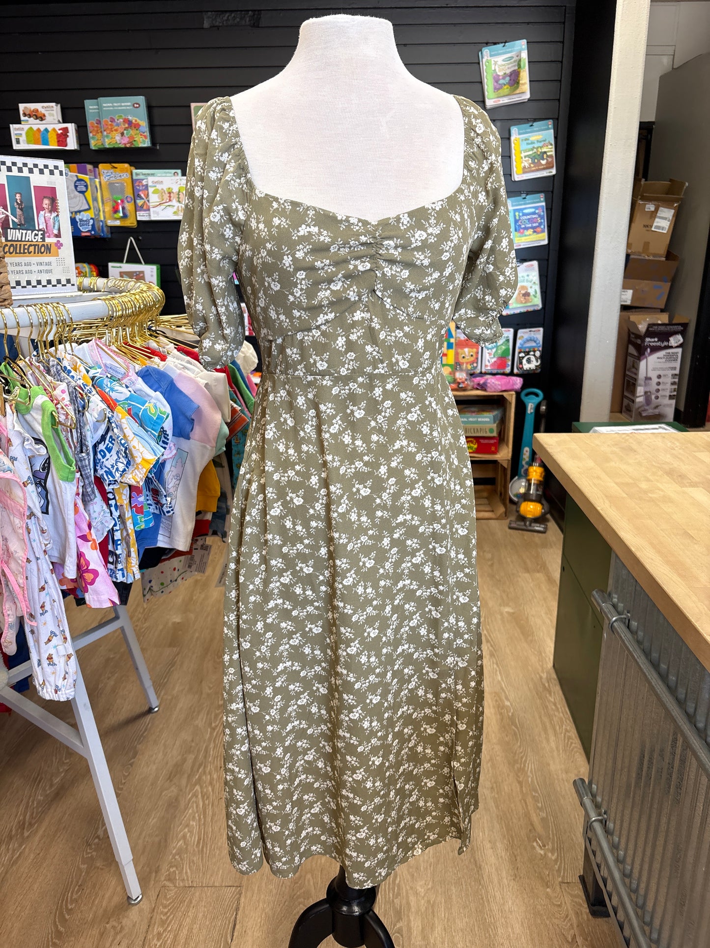 Womens Large Olive Floral Midi Dress