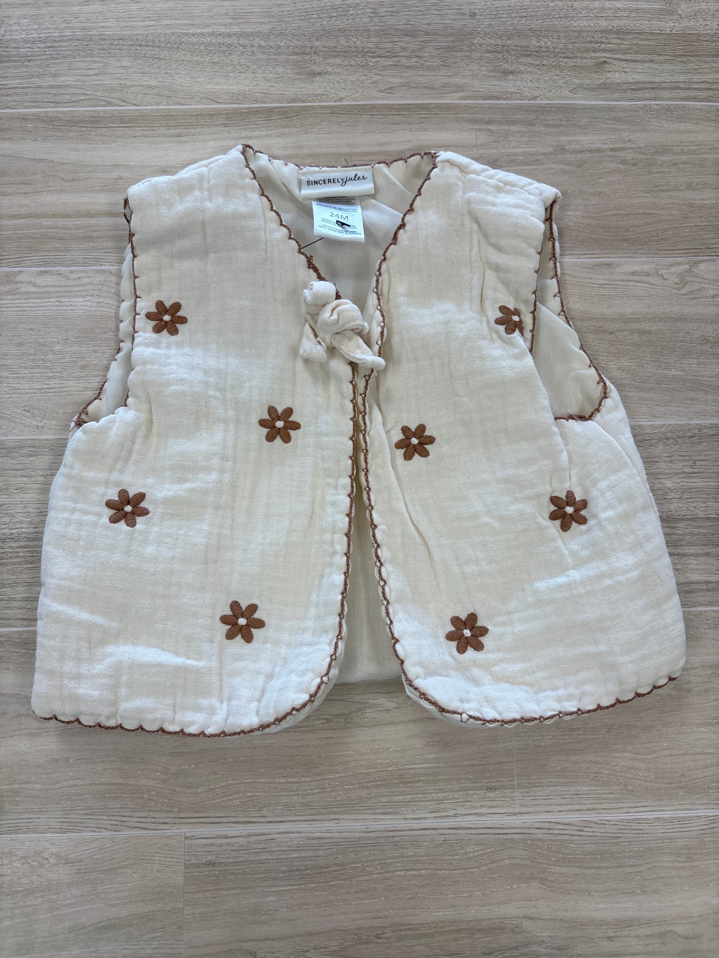 24m Cream Gauze Vest With Brown Floral Detail