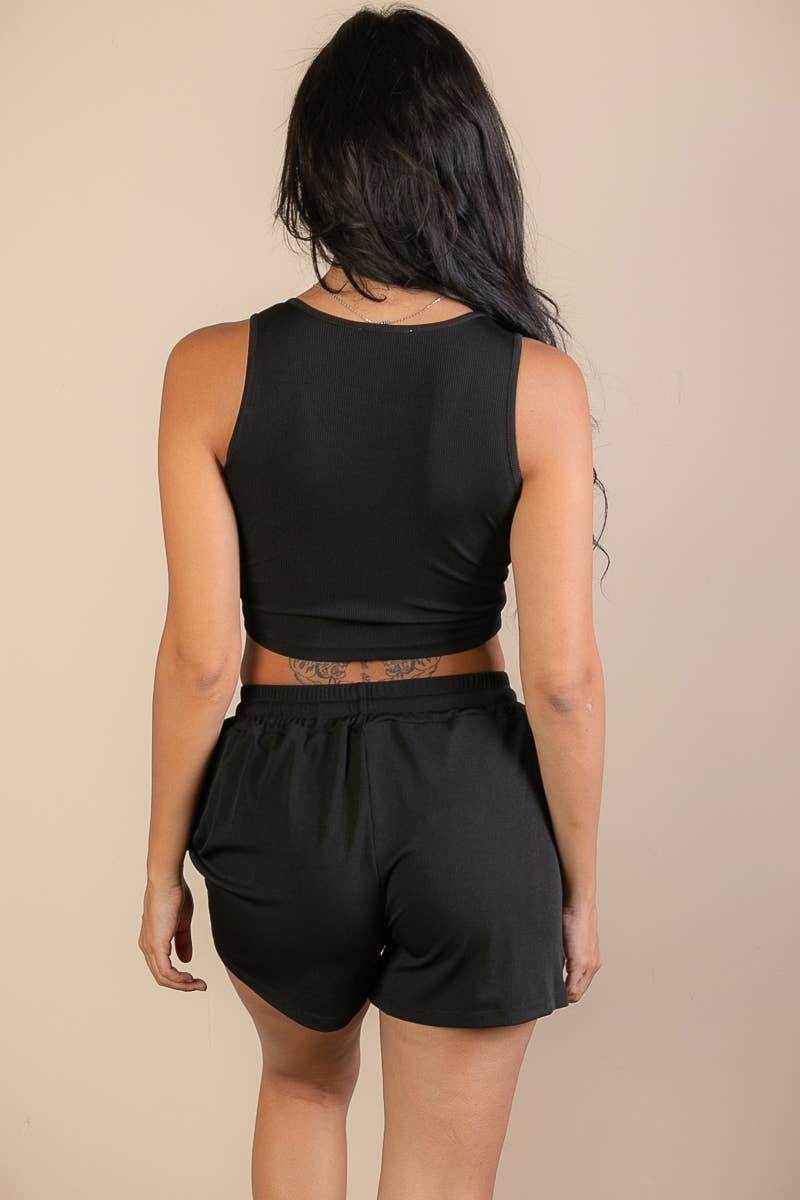 CAPELLA APPAREL - Ribbed Crop Tank Top & Shorts Set: BLACK / S