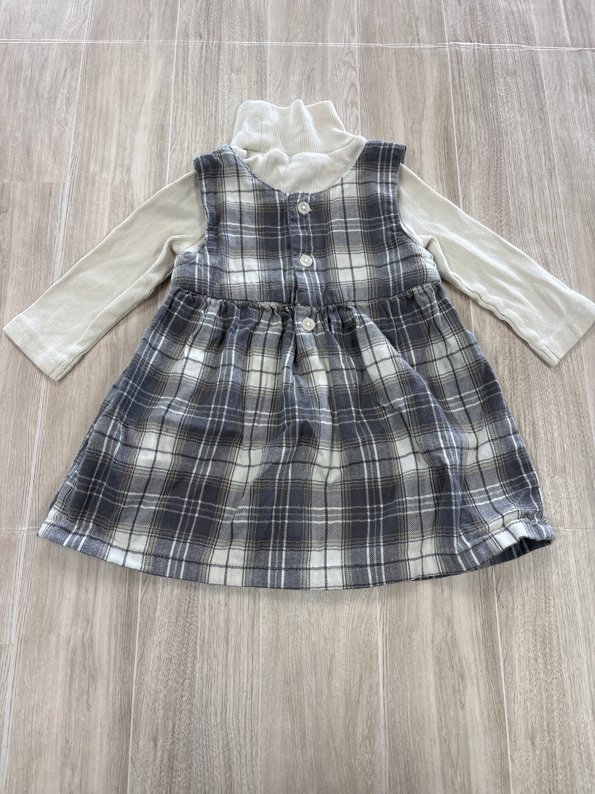 9m Organic Cream Ribbed Mock Neck Long Sleeve + Grey Plaid Overall Dress