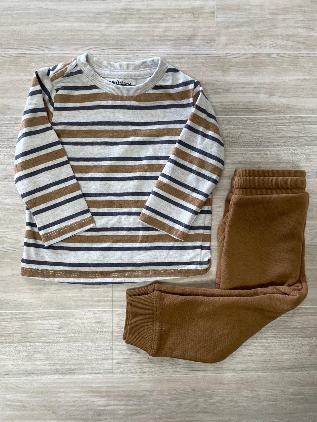 12m Tommy Bahama Cream Striped Long Sleeve + Camel Joggers Set