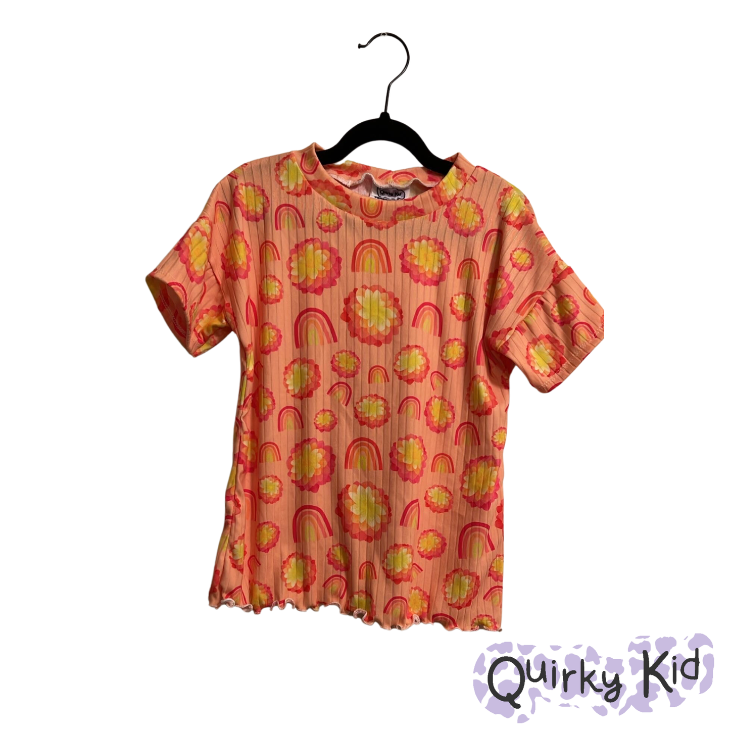 Flower Power Rib Knit Short Sleeve Dolman Oversized Lettuce Hem Tee Dress