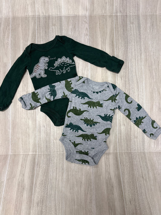 Newborn Long Sleeve Onesie 2 Pack Green/Grey Dinos