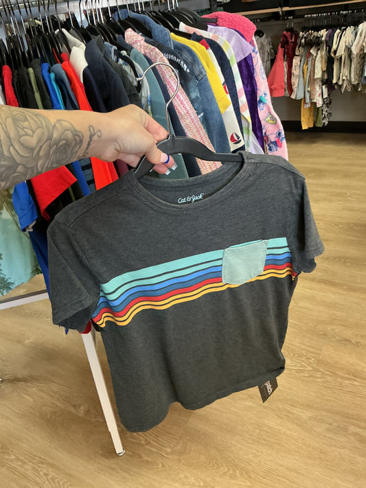 6/7 Grey Retro Striped Pocket Tee