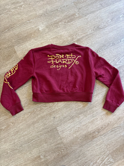 Womens Medium Y2K Ed Hardy Tattoo Graphic Red Crewneck