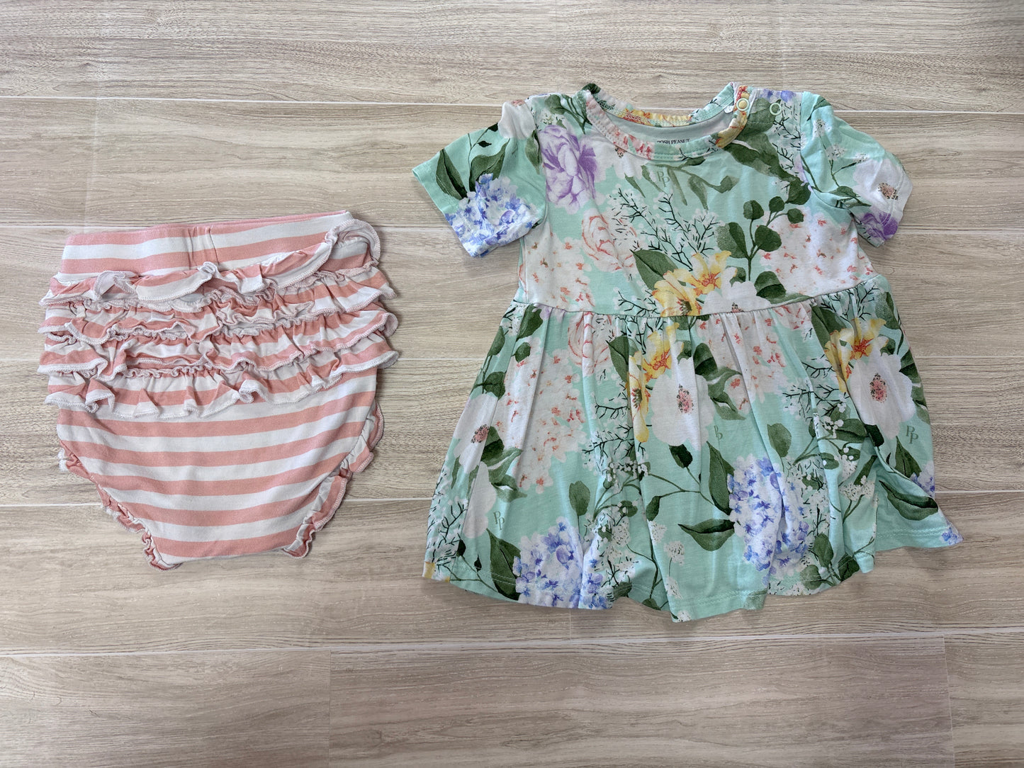 18-24m Mint Flowered Pink Ruffled Striped Bloomer 2 Piece Set