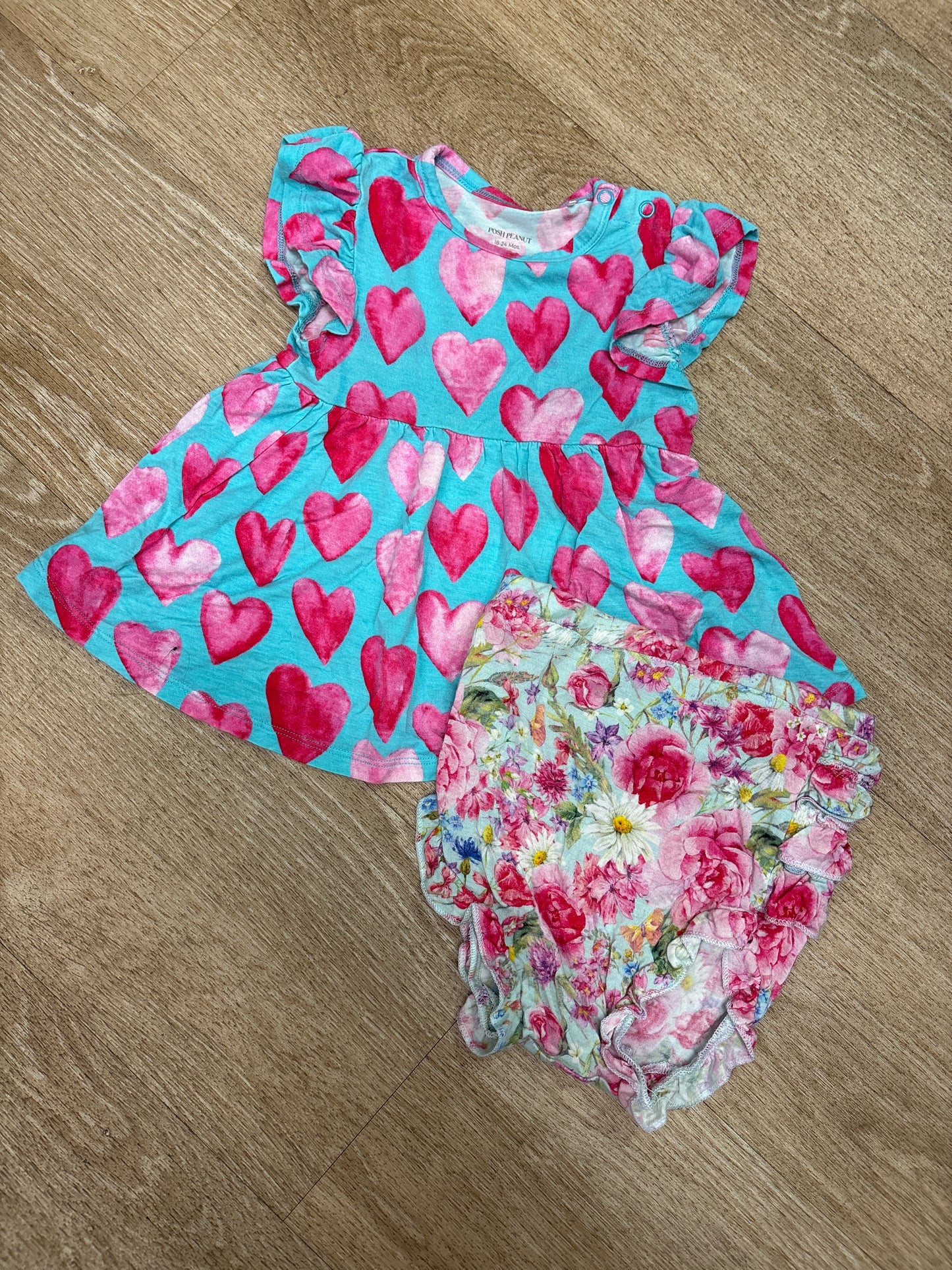 18-24m Posh Peanut Teal/ Pink Heart Dress + Floral Bloomer Set