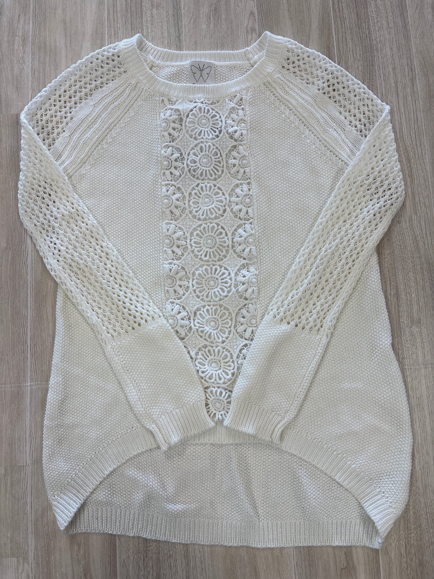 7/8 White Ella Moss Knit Crochet Lace Sweater