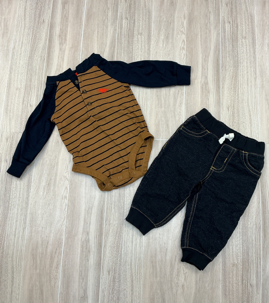 6m Striped Henley Dino Onesie & Denim Joggers Set