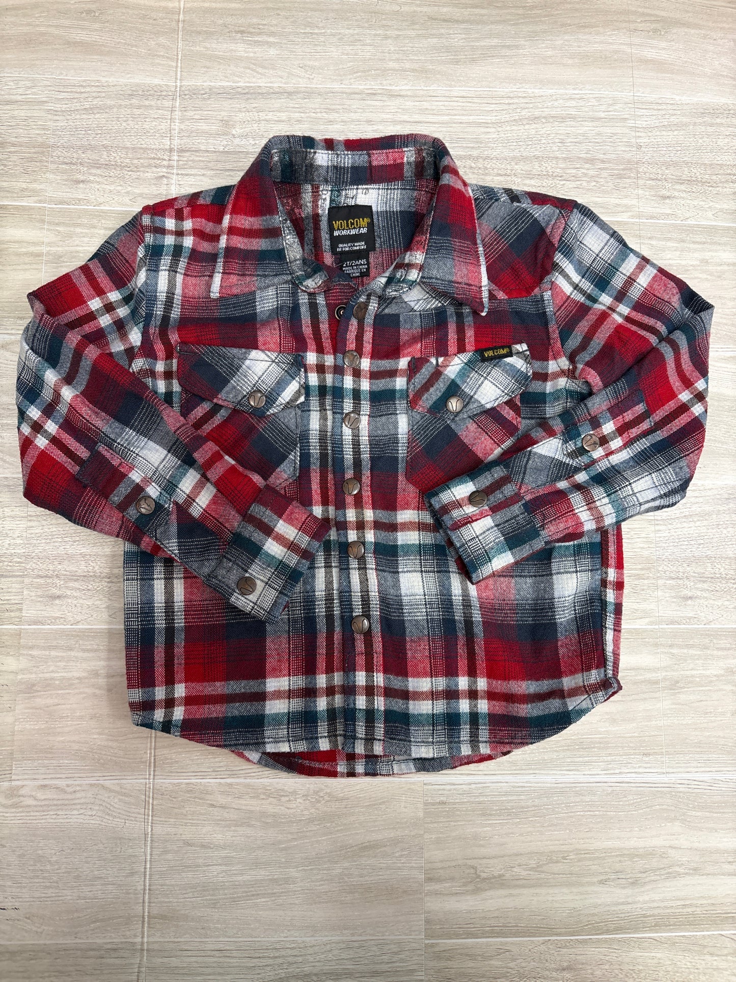 2T Volcom Workwear Red Plaid Flannel Long Sleeve