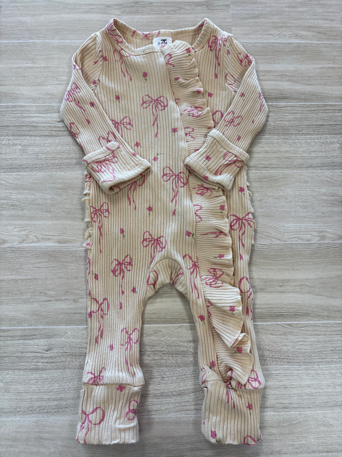3-6m Cream Bow Floral Ribbed Pajama