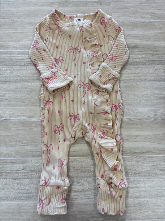 3-6m Cream Bow Floral Ribbed Pajama