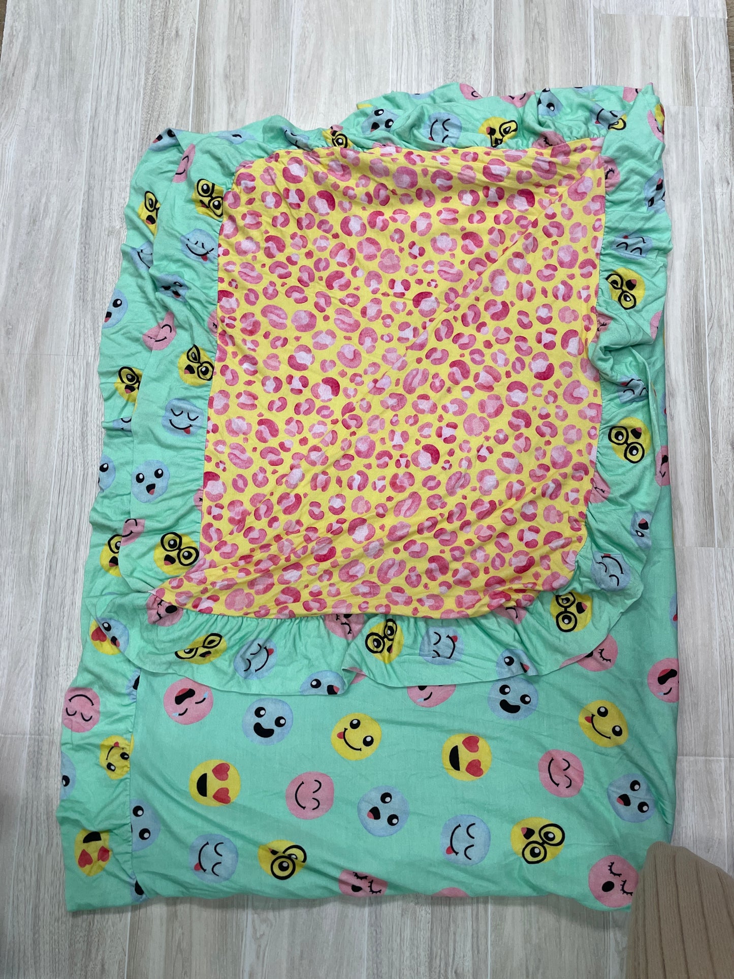 Birdie Bean Reversible Ruffle Blanket - Green Emoji/Pink Yellow Cheetah
