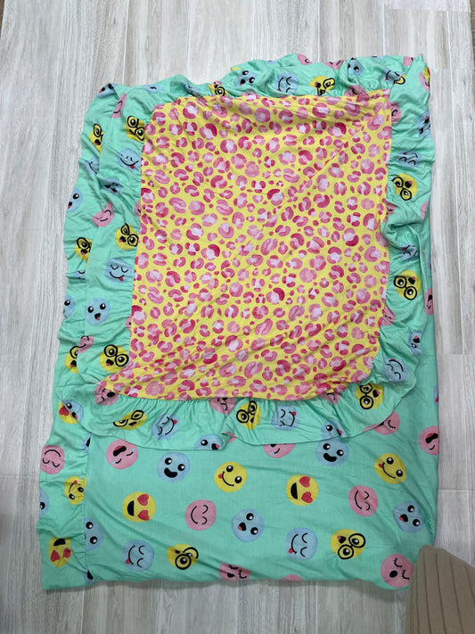 Birdie Bean Reversible Ruffle Blanket - Green Emoji/Pink Yellow Cheetah