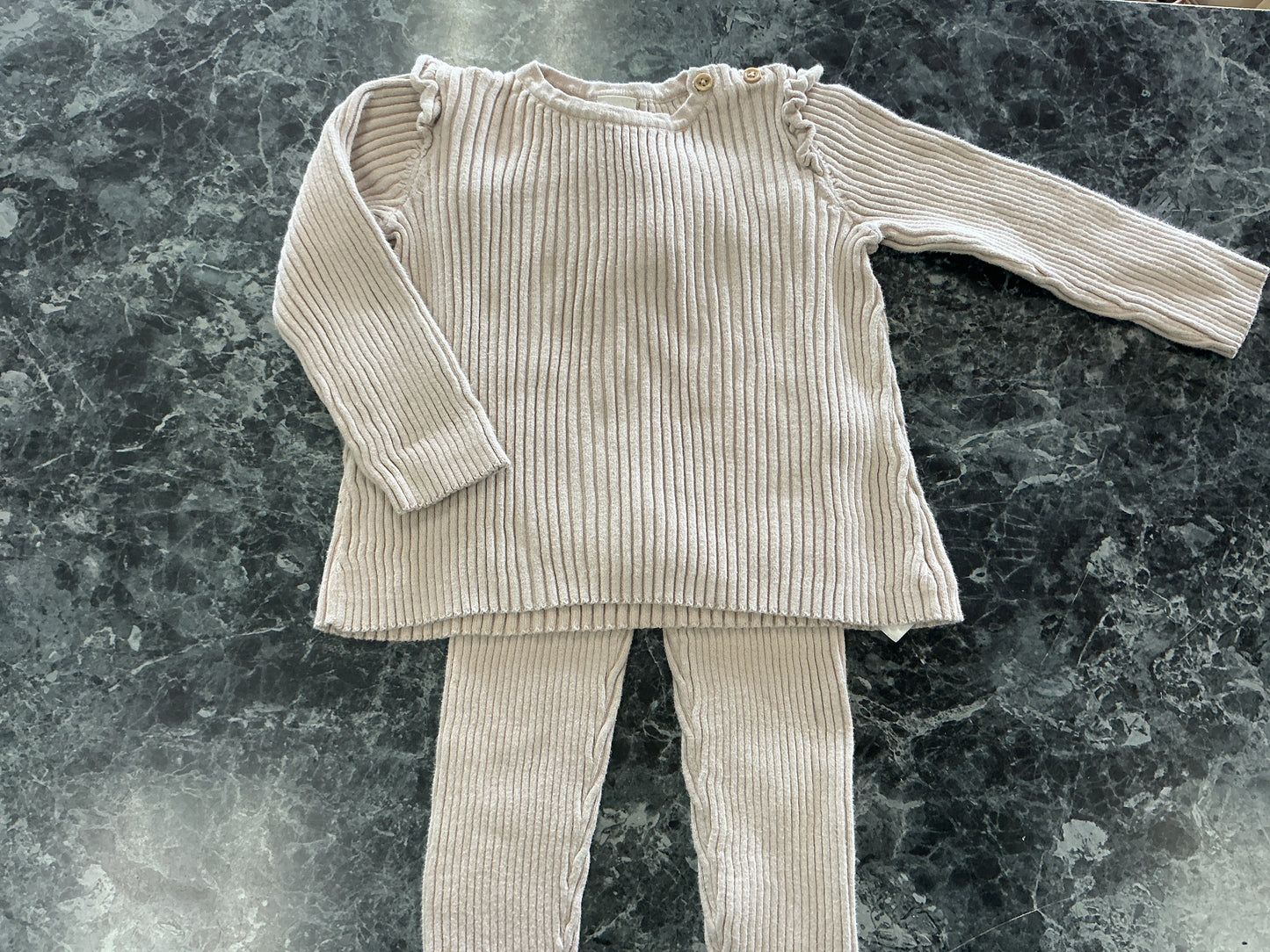18m Beige Ribbed 2 Piece Ruffled Set