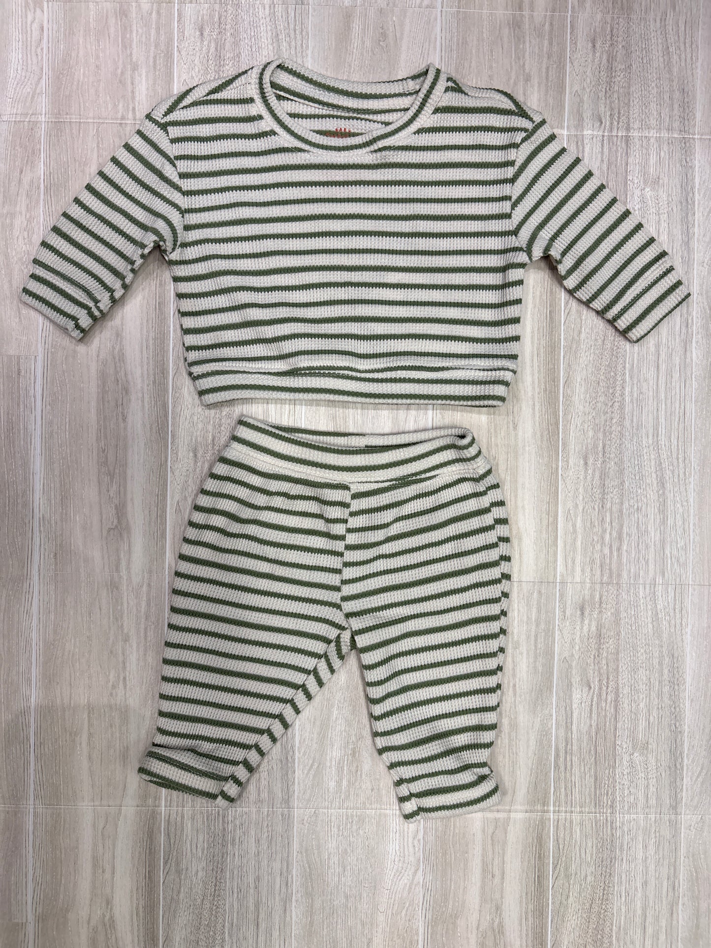 Newbown Waffle Knit Green Striped Top + Pant Set