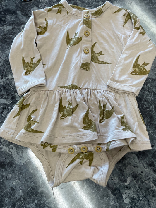 NWT 6-12m Kate Quinn The Woods Swallows Button Twirl Onesie
