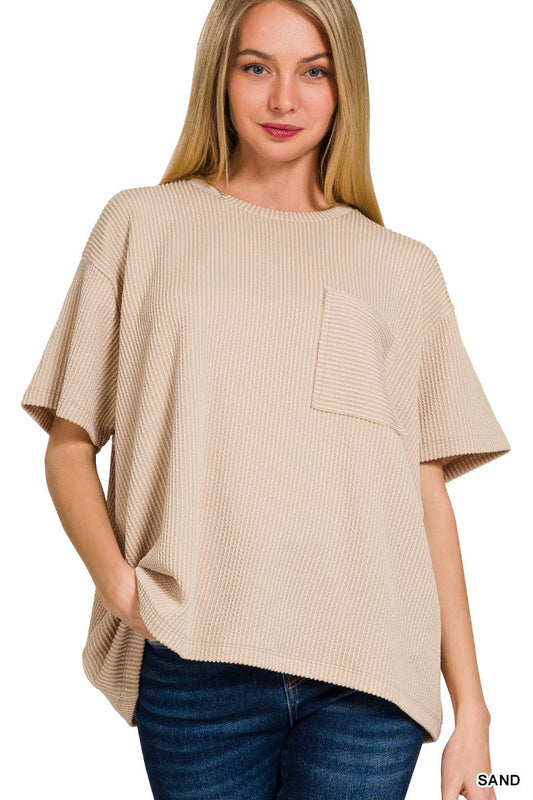 Corded Rib  Short Sleeve Front Pocket Top: SAND- S/M