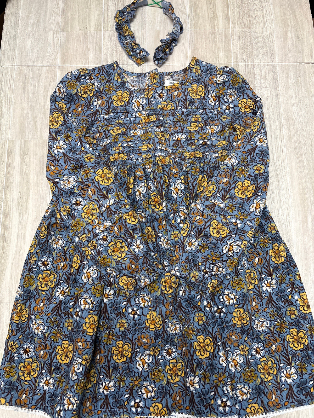 NWT 8 Blue Floral Corduroy Dress With Headband Set