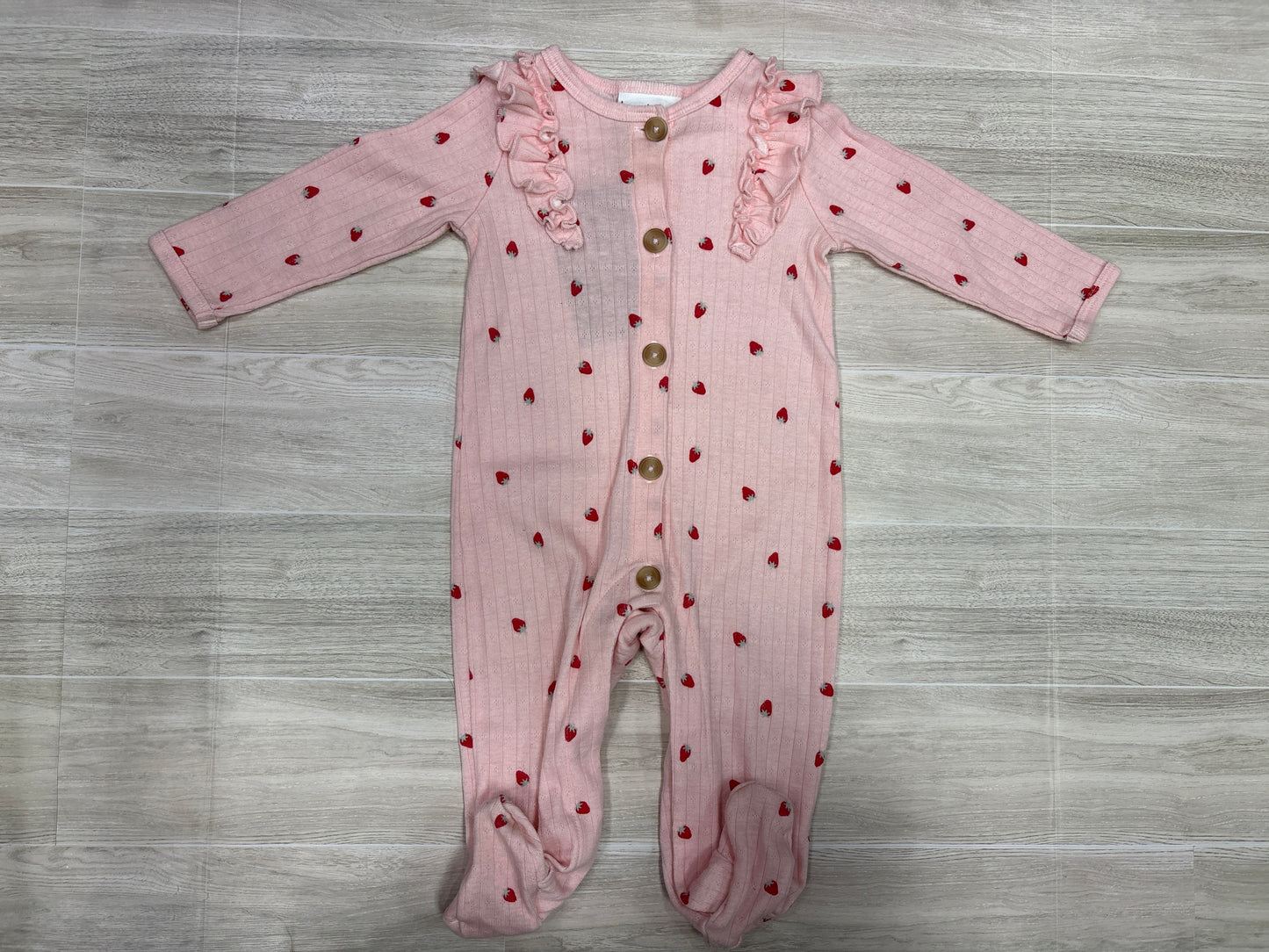 3-6m Pink Strawberry Button Ruffle Footed Romper