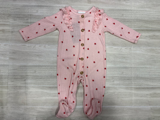 3-6m Pink Strawberry Button Ruffle Footed Romper