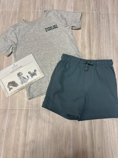 3T Grey Fishing Graphic Tee + Active Shorts + Stickers