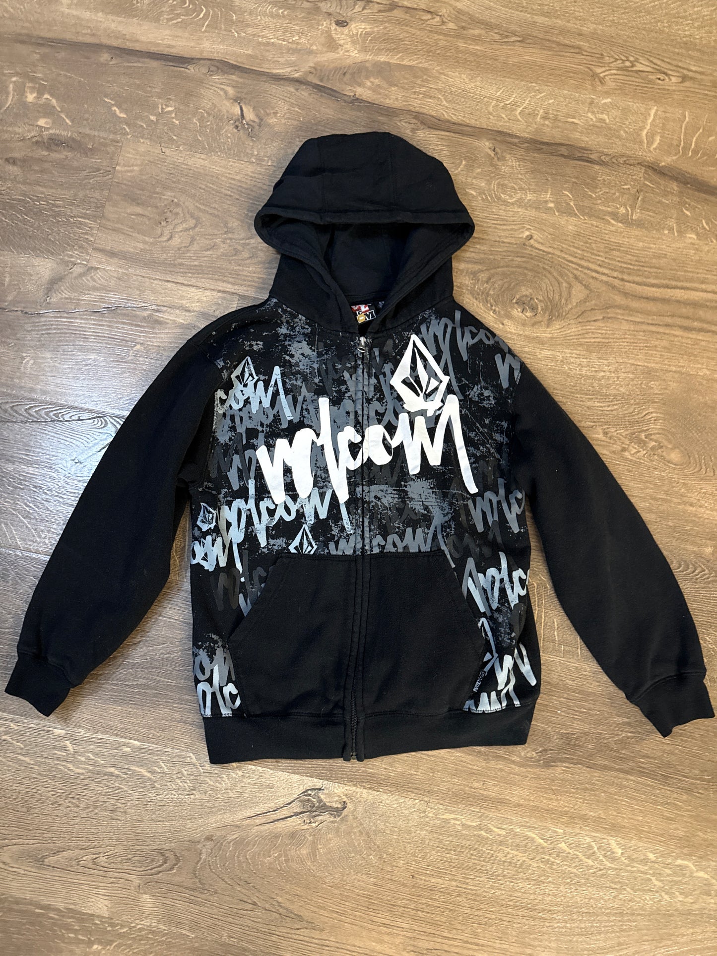 8/10 Volcom Black/Grey Graphic Design Zip Up With Hood